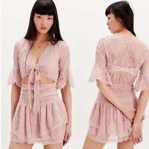 Free People Lala Dawn Rose Pink Lace Mini Dress Cutout Tie Front Size Medium NWT